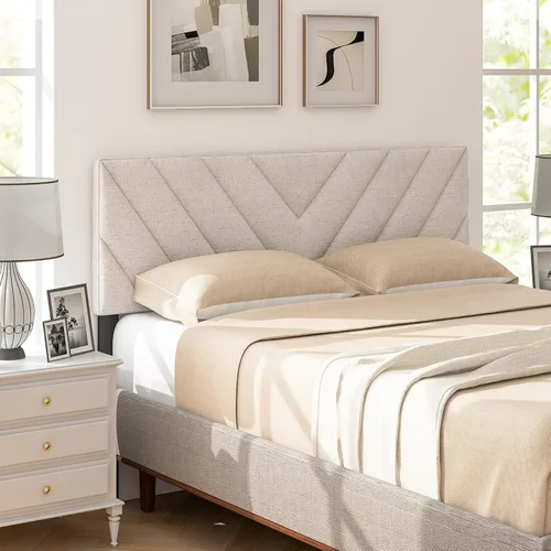 Miniatura 2 de KOMFOTT - Cabecera tapizada en tela de lino para cama tamaño Full/Queen, cabecera rectangular con patas de madera maciza y ancho ajustable, cabecera