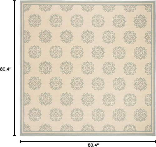 Miniatura 2 de SAFAVIEH Alfombra lavable al aire libre Linden Collection – 6 pies 7 pulgadas, cuadrada, crema y aguamarina, no desprende pelusa y fácil de limpiar