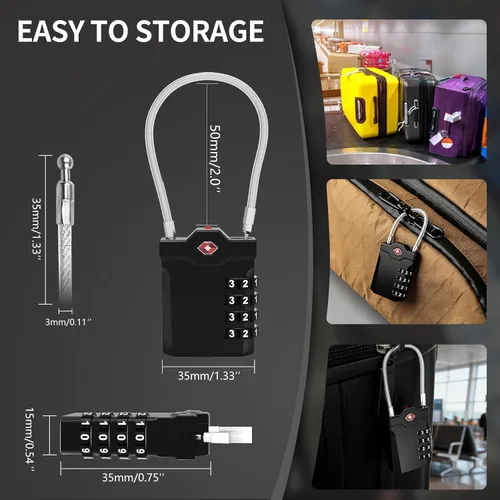 Miniatura 7 de XOOL 2 cerraduras de equipaje aprobadas por la TSA de 4 dígitos con cable de acero flexible, candado de equipaje reajustable para maletas, mochilas