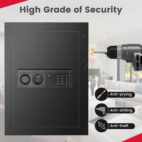 Miniatura 7 de S AFSTAR Caja fuerte de pared, caja de seguridad digital electrónica con teclado y 2 llaves de emergencia, estante extraíble y luces LED, caja