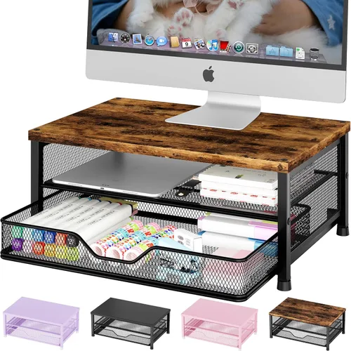 Miniatura 16 de OPNICE - Organizadores y accesorios de escritorio, con soporte de monitor de computadora de 2 niveles, cajón y 2 soportes para bolígrafos, Roble