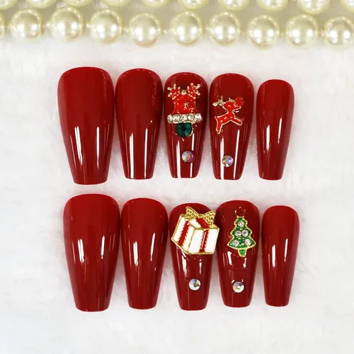 Miniatura 5 de ELEVENAIL Uñas de Navidad con caja de regalo de dibujos animados de diamantes de imitación 3D, ciervo, árbol rojo, uñas postizas medianas largas