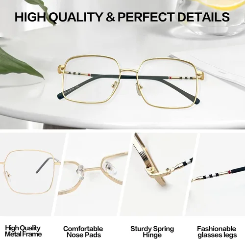 Miniatura 2 de Oversized Square Metal Reading Glasses Women, Large Anti Blue Light Computer Reader, Anti Eyestrain Eyewear