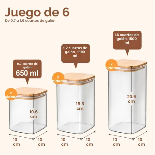 Miniatura 2 de ComSaf Recipiente hermético de almacenamiento de vidrio con tapas (0.7 cuartos de galón, 1.2 cuartos de galón/1.6 cuartos de galón), juego de 6