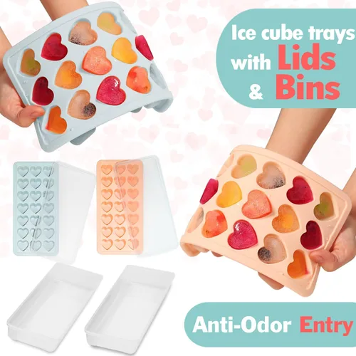 Miniatura 3 de Paquete de 2 bandejas para cubitos de hielo en forma de corazón con tapas, moldes de silicona para cubitos de hielo en forma de corazón con 42