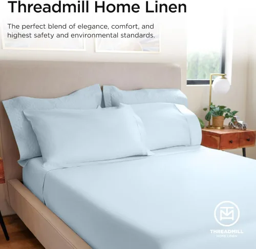 Miniatura 8 de Threadmill Sábanas de lujo de 800 hilos 100% algodón – Sábanas de tejido satén azul claro, tamaño individual, mejor que el algodón egipcio, juego
