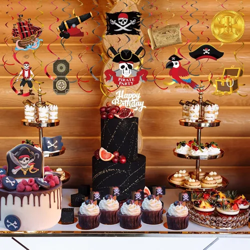 Miniatura 7 de Censen 52 piezas de espirales colgantes para fiesta pirata, decoración de techo con temática pirata, serpentina en espiral, sombrero de capitán