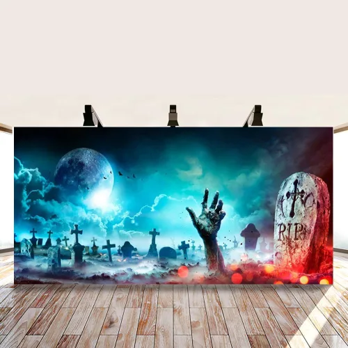 Miniatura 2 de Telón de fondo de Halloween para fotografía de cementerio de Halloween de 20 x 10 pies, telón de fondo de lápida de calavera aterradora, calabaza