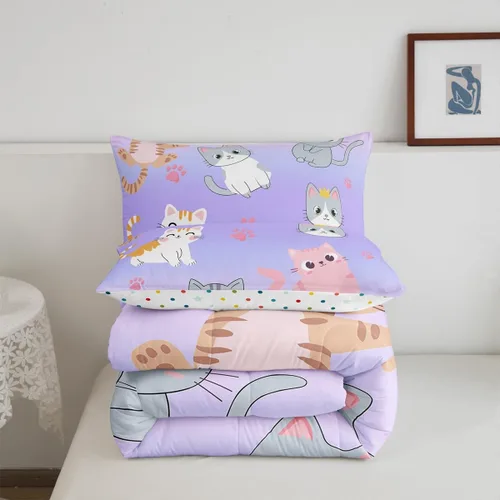 Miniatura 64 de Erosebridal Juego de ropa de cama para niños, tamaño individual, diseño de gatos de dibujos animados, para niñas, niños y adolescentes, edredón