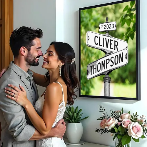 Miniatura 4 de Póster de Lienzo de Señal de Calle Vintage con Nombre Personalizado para Pareja, Póster de Lienzo de Señales de Calle de Encrucijada con Fecha