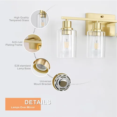 Miniatura 6 de Luces de tocador de baño de oro cepillado para baño, accesorios de iluminación de baño de 4 luces sobre el espejo, apliques de pared de latón