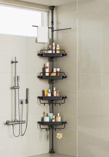 Miniatura 9 de XLHOMO Organizador de Ducha de Esquina con Barra de Tensión de 32 a 122 pulgadas, Todo Blanco, Estantes de Ducha Inoxidables Sin Taladro para Baño