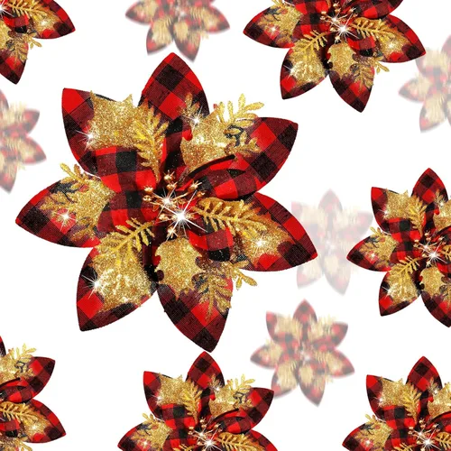 Miniatura 11 de 36 piezas de flores de Pascua artificiales con purpurina de Poinsettia para Navidad, flores de Poinsettia artificiales para bodas, decoraciones