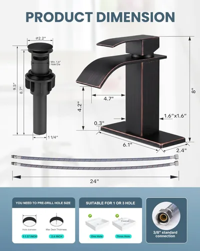 Miniatura 6 de Grifo de Baño de Bronce Frotado con Aceite: Grifo con Caño de Cascada ARCORA para Lavabo de Baño, Grifo Mezclador de Una Sola Manija, Grifo