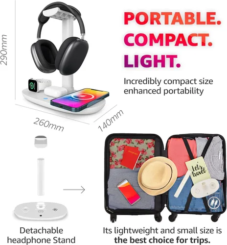 Miniatura 6 de Cargador inalámbrico 4 en 1 con soporte para auriculares para iPhone 17 16 15 14 13 12 Pro Max, Apple Watch 11 10 Ultra SE, AirPods Max 4 y Samsung