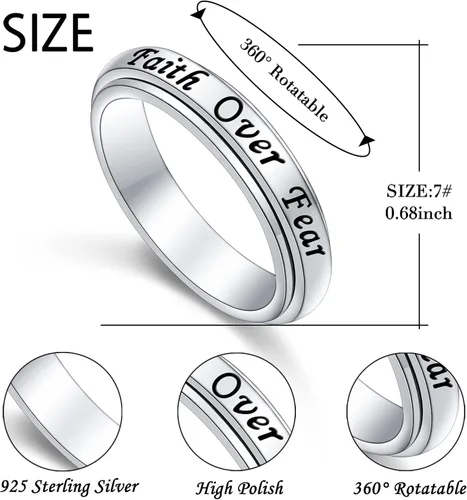 Miniatura 6 de Anillo de plata de ley 925 con texto en inglés God Jewelry grabado con texto en inglés Faith Over Fear Heart Cross, regalo religioso para mujeres