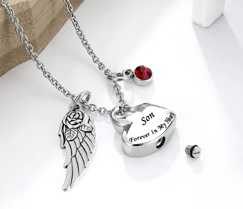 Miniatura 3 de Collar de urna de cremación de doble corazón viene con ala de ángel y 12 piedras natales para cenizas, colgante conmemorativo, Forever in My Heart