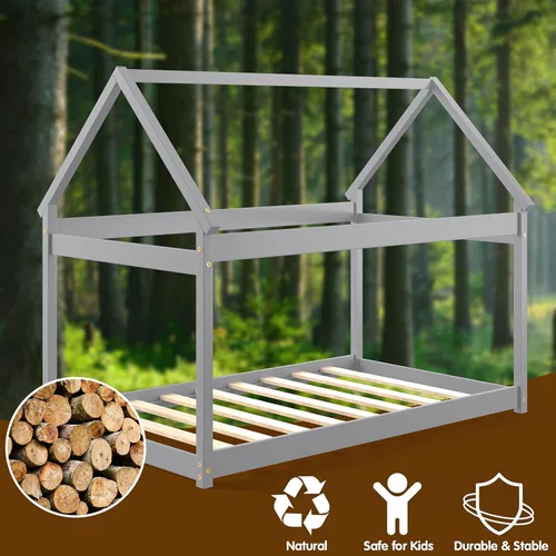 Miniatura 4 de Costzon Base de cama individual de madera, plataforma estable para niños, con techo y listones de alta resistencia, no necesita somier, bricolaje