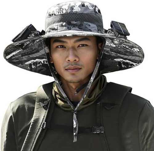 Miniatura 10 de Sombrero de ventilador solar de ala ancha, ventilador solar de ala ancha, sombrero de pesca al aire libre, sombreros de ventilador solar
