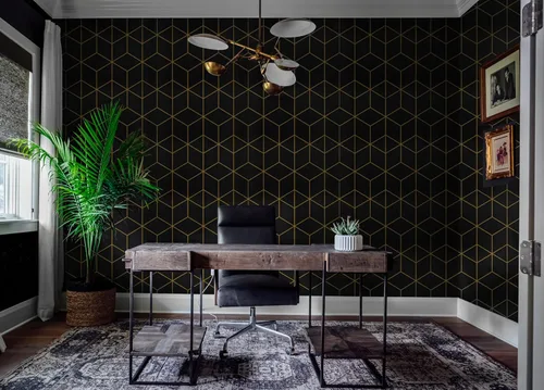 Miniatura 4 de Safiyya Papel tapiz geométrico dorado y negro de 118" x 17.3" Papel de contacto geométrico despegar y pegar Papel tapiz removible autoadhesivo