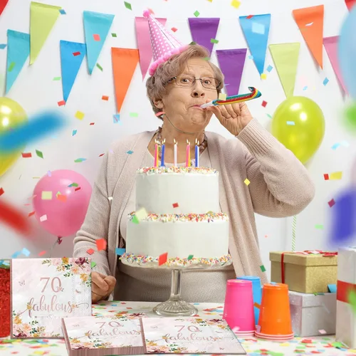 Miniatura 5 de Decoraciones de cumpleaños número 70 para mujer, 40 servilletas de papel falulous de color oro rosa, suministros de fiesta de cumpleaños