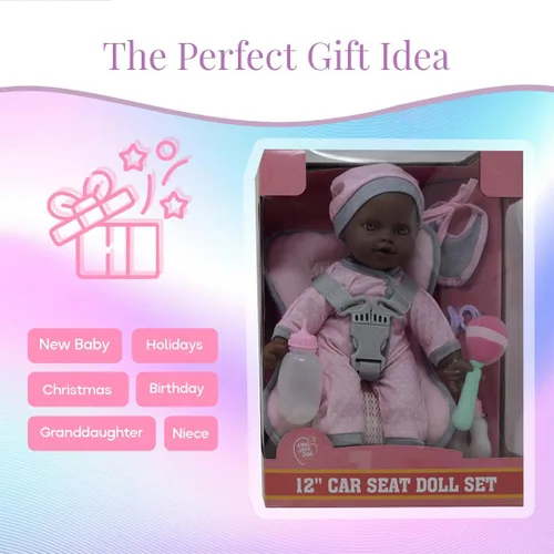 Miniatura 7 de Juego de Viaje de Muñeca Afroamericana - Mochila Portabebés de Asiento de Carro con Muñeca de Cuerpo Suave de 12 Pulgadas Incluye Biberones