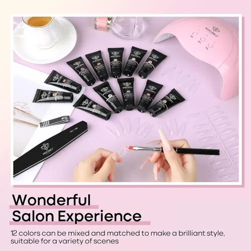 Miniatura 5 de Modelones - Juego de gel de extensión de uñas de polietileno, kit de gel de 12 colores con tonos rosa brillante y desnudo, para manicura francesa
