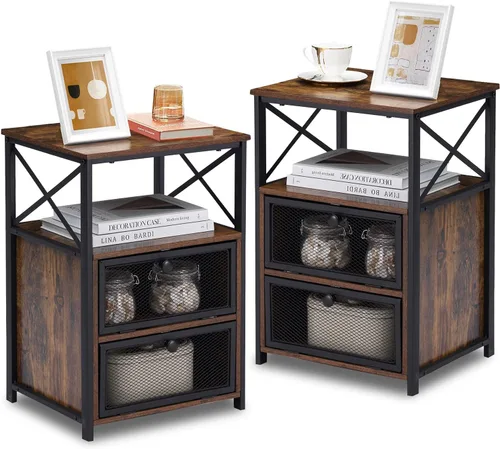 Miniatura 15 de VECELO Juego de 2 mesitas de noche, mesa auxiliar con cajón abatible, moderna mesita de noche para dormitorio, sala de estar, oficina, fácil