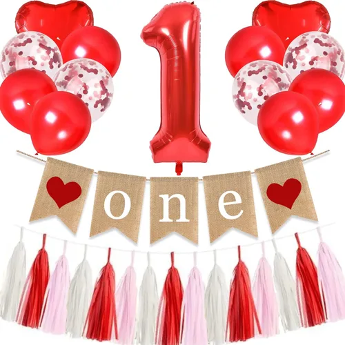 Decoración de fiesta de cumpleaños para el día de San Valentín, guirnalda de arpillera para silla alta, color rojo, rosa, borla, número 1, globos