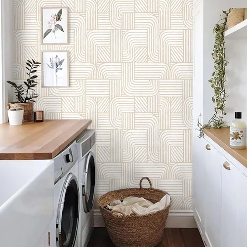 Miniatura 6 de Papel tapiz moderno para despegar y pegar, papel de contacto bohemio para armarios, cajones, rayas beige y blancas, papel tapiz geométrico