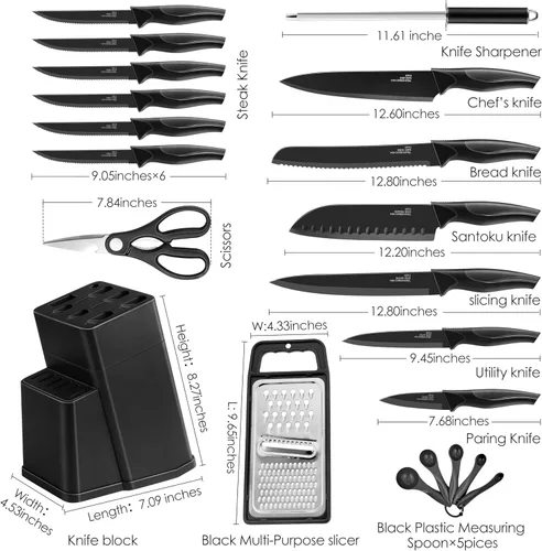 Miniatura 2 de HaWare Juego de cuchillos de cocina de acero inoxidable de 21 piezas, juego de cuchillos de chef negros con 6 Kinves para carne, cuchara medidora