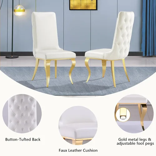 Miniatura 7 de AUZ Sillas de comedor blancas y doradas, sillas tapizadas de piel sintética blanca con respaldo copetudo y patas curvadas de acero inoxidable