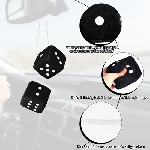 Miniatura 5 de Dados peludos para espejo retrovisor, dados negros peludos para espejo de automóvil, 2.75 pulgadas, par de dados colgantes cuadrados retro de felpa