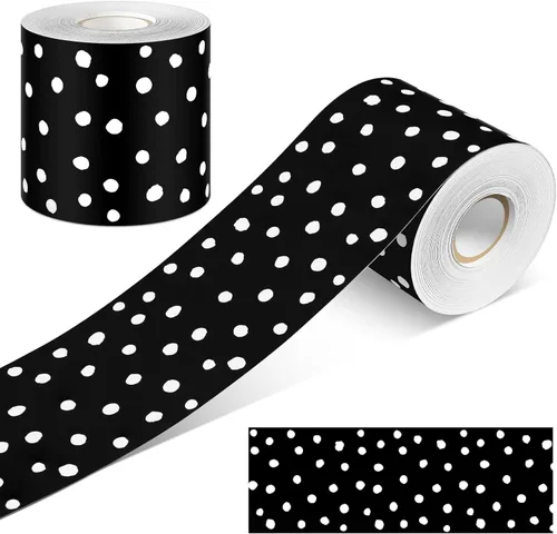 Zonon Bordes de tablón de anuncios de 65 pies con lunares en blanco y negro, rayas, cuadrícula, bordes decorativos rectos, festoneados, ondulados,
