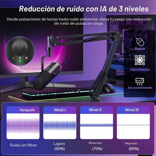 Miniatura 2 de TONOR Micrófono dinámico para juegos, transmisión de micrófono XLR/USB, cancelación de ruido AI, RGB controlable, Tap Mute, conector