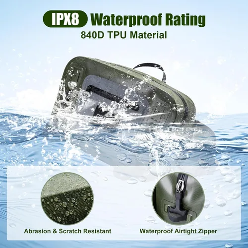 Miniatura 2 de Goture Riñonera de pesca impermeable, IPX8 840D TPU bolsa grande para aparejos con soporte para caña, cierre hermético de cremallera, bolsa de pesca
