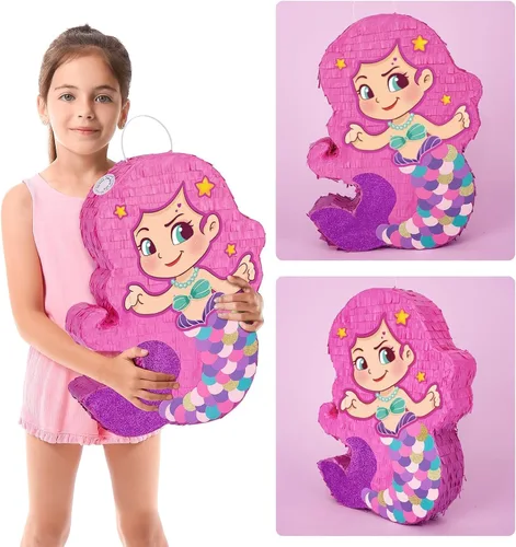 Miniatura 5 de WERNNSAI - Piñata de sirena con bate y venda para los ojos, juegos de fiesta de cumpleaños para niñas, aniversario, celebración, actividades