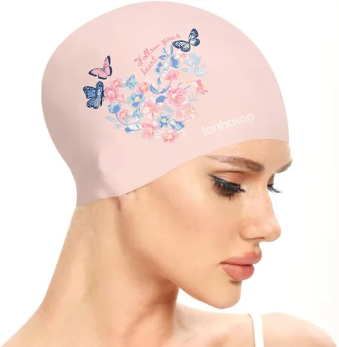 Miniatura 11 de Gorro de natación para mujer, gorra de natación de silicona para cabello largo con estampado de flores Azul marino