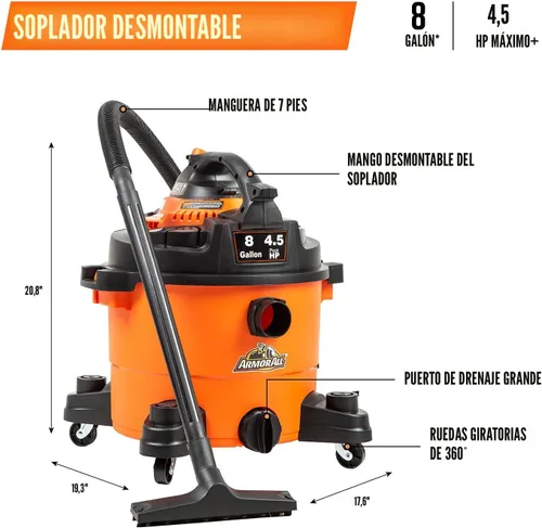 Miniatura 3 de Armor All VBV809 0901 - Aspiradora húmeda/seca de 8 galones y 4.5 HP con soplador desmontable, naranja