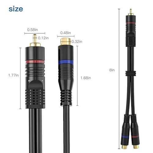 Miniatura 7 de Divisor RCA, paquete de 2 cables RCA macho a RCA hembra dual RCA hembra, adaptador estéreo a mono, cable de audio chapado en oro de 8 pulgadas