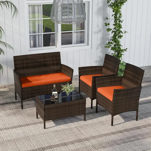 Miniatura 8 de RELAX4LIFE Juego de muebles de patio de 4 piezas – Juego de muebles de ratán para conversación al aire libre con cojines, mesa de centro de cristal