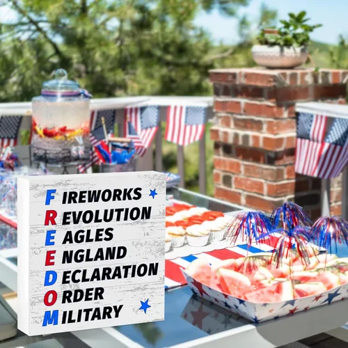 Miniatura 8 de Letrero patriótico de escritorio con texto en inglés «Happy 4th of July » Fuegos artificiales, Revolución, Águilas, Inglaterra, Declaración