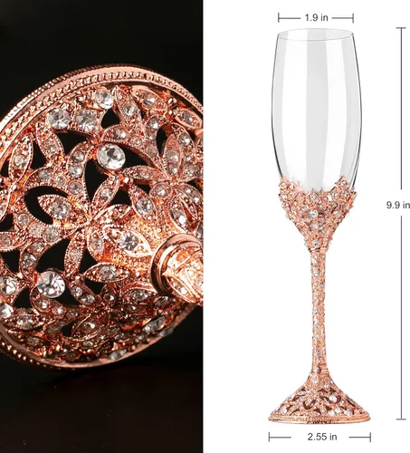 Miniatura 6 de Copas de champán - Juego de 2 pares de flautas de champán con base de metal de cristal y piedras de cristal, para brindis, aniversarios, bodas, Oro