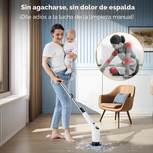 Miniatura 2 de PUFTEM Cepillo Eléctrico Giratorio, Limpiador de Ducha Inalámbrico con 8 Cepillos de Fregar, 2 Velocidades con Mango de Extensión Ajustable