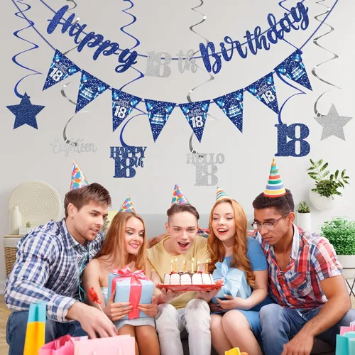 Miniatura 4 de Decoración de cumpleaños número 18 azul y plateado para niños y niñas, pancarta de feliz cumpleaños 18 con estrellas de dieciocho años de edad