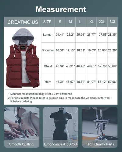 Miniatura 21 de CREATMO US Chaleco cálido para mujer, chaleco grueso acolchado sin mangas con capucha desmontable