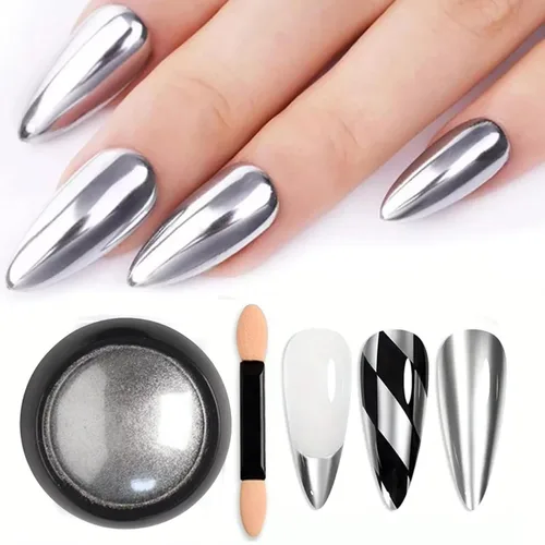 Polvos holográficos de espejo para uñas, efecto cromado plateado, lentejuelas metálicas puras, pigmento cromado para uñas de gel UV, para decoración