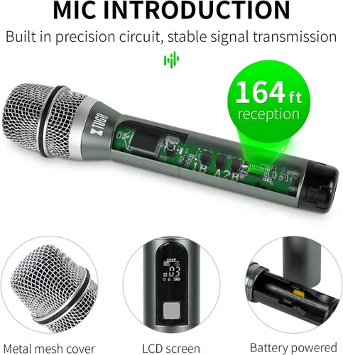 Miniatura 7 de XTUGA Sistema de micrófono inalámbrico UHF de 4 canales, Plug and Play, micrófonos de mano de metal con rango de 164 pies, mini receptor