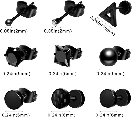 Miniatura 2 de ONESING 10-15 pares de aretes para hombre, aretes negros de acero inoxidable para hombres y mujeres, juego de aretes de piercing para hombre, Acero