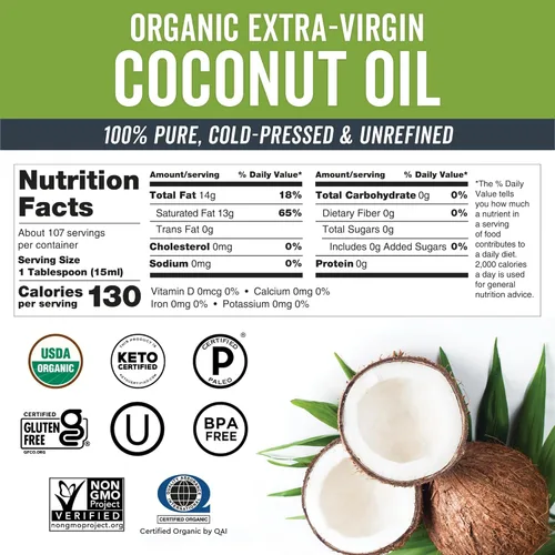 Miniatura 2 de Viva Naturals Aceite de coco orgánico, 54 onzas líquidas, sin refinar, aceite de coco virgen extra prensado en frío, orgánico USDA y sin OMG, aceite